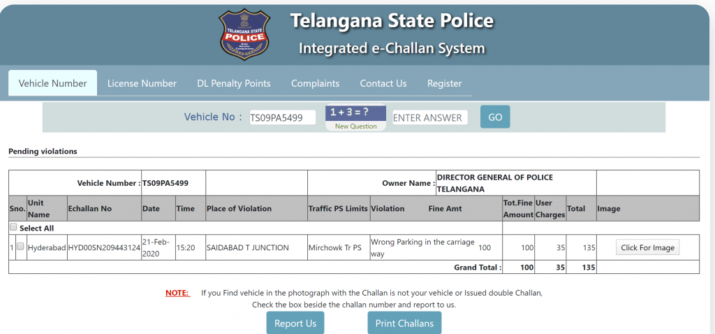 Telangana State Police challan